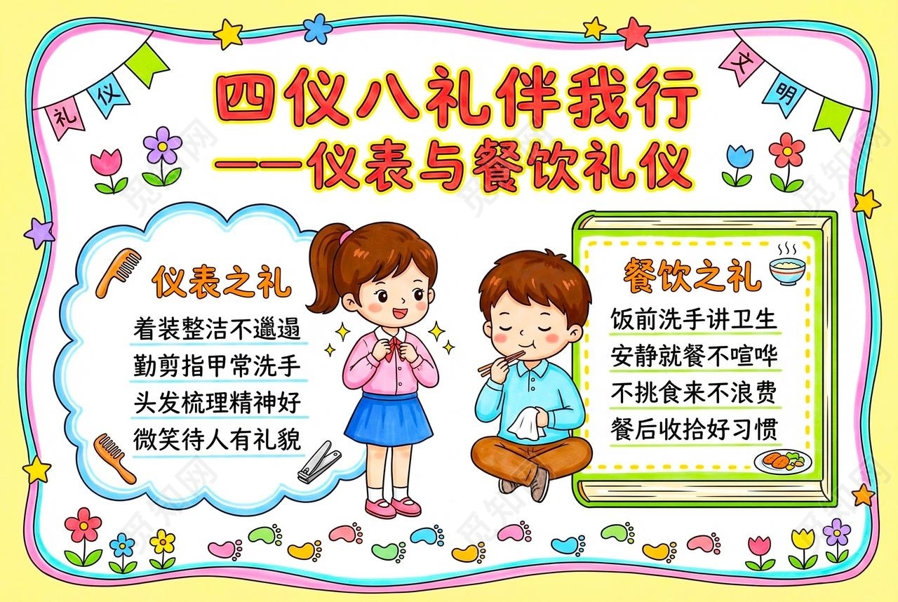 彩色卡通手绘四仪八礼伴我行一仪表与餐饮礼仪小报手抄报小学生手抄报