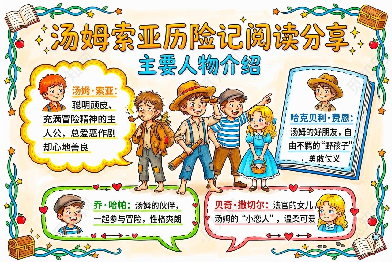 彩色卡通手绘汤姆索亚历险记阅读分享主要人物介绍小报手抄报小学生手抄报