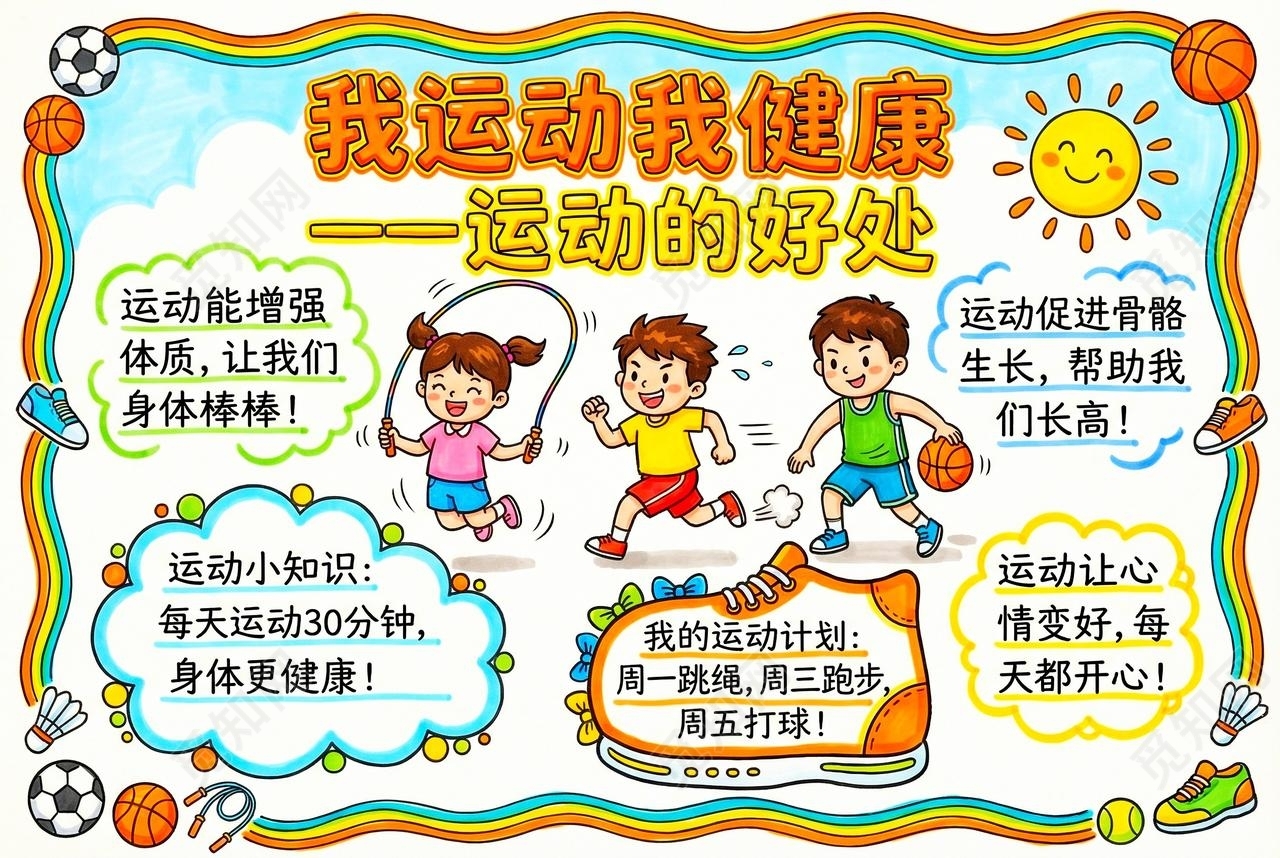 彩色卡通手绘我运动我健康运动的好处小报手抄报小学生手抄报