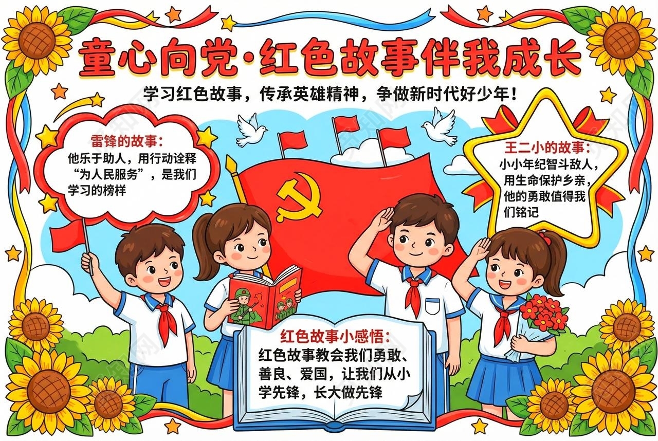 彩色卡通手绘童心向党红色故事伴我成长小报手抄报小学生手抄报