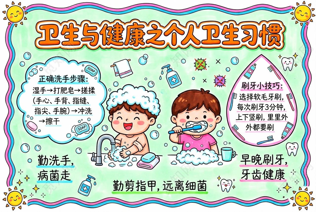 彩色卡通手绘卫生与健康之个人卫生习惯小报手抄报小学生手抄报