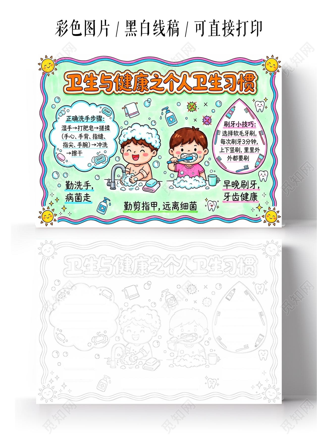彩色卡通手绘卫生与健康之个人卫生习惯小报手抄报小学生手抄报