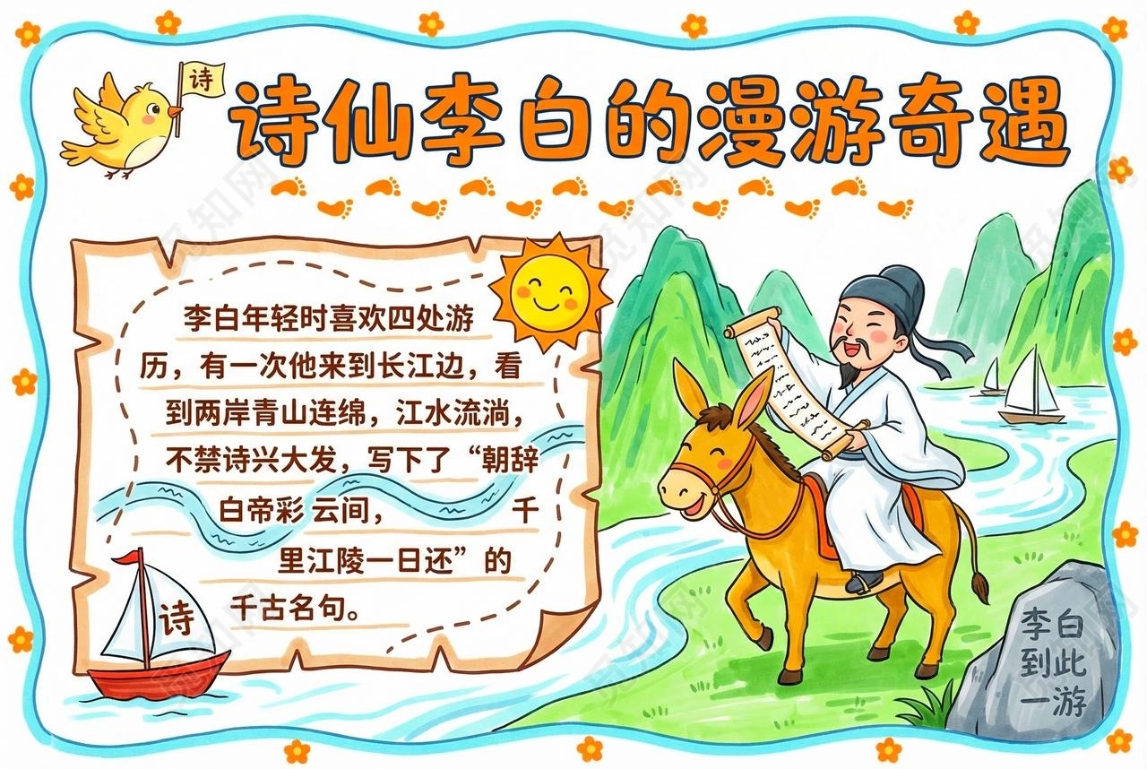 彩色卡通手绘诗仙李白的漫游奇遇小报手抄报小学生手抄报
