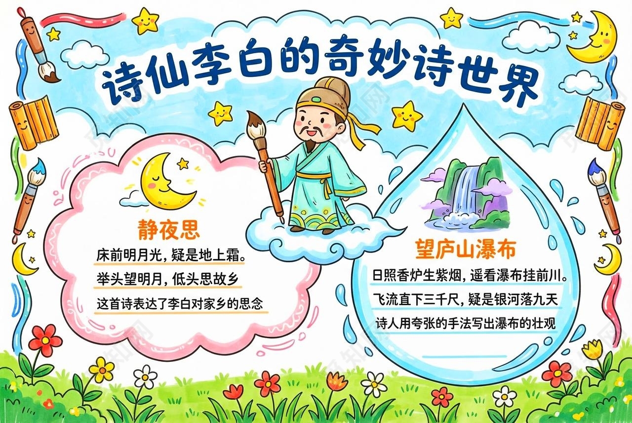 彩色卡通手绘诗仙李白的奇妙诗世界小报手抄报小学生手抄报