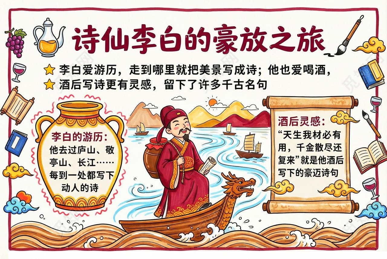 彩色卡通手绘诗仙李白的豪放之旅小报手抄报小学生手抄报