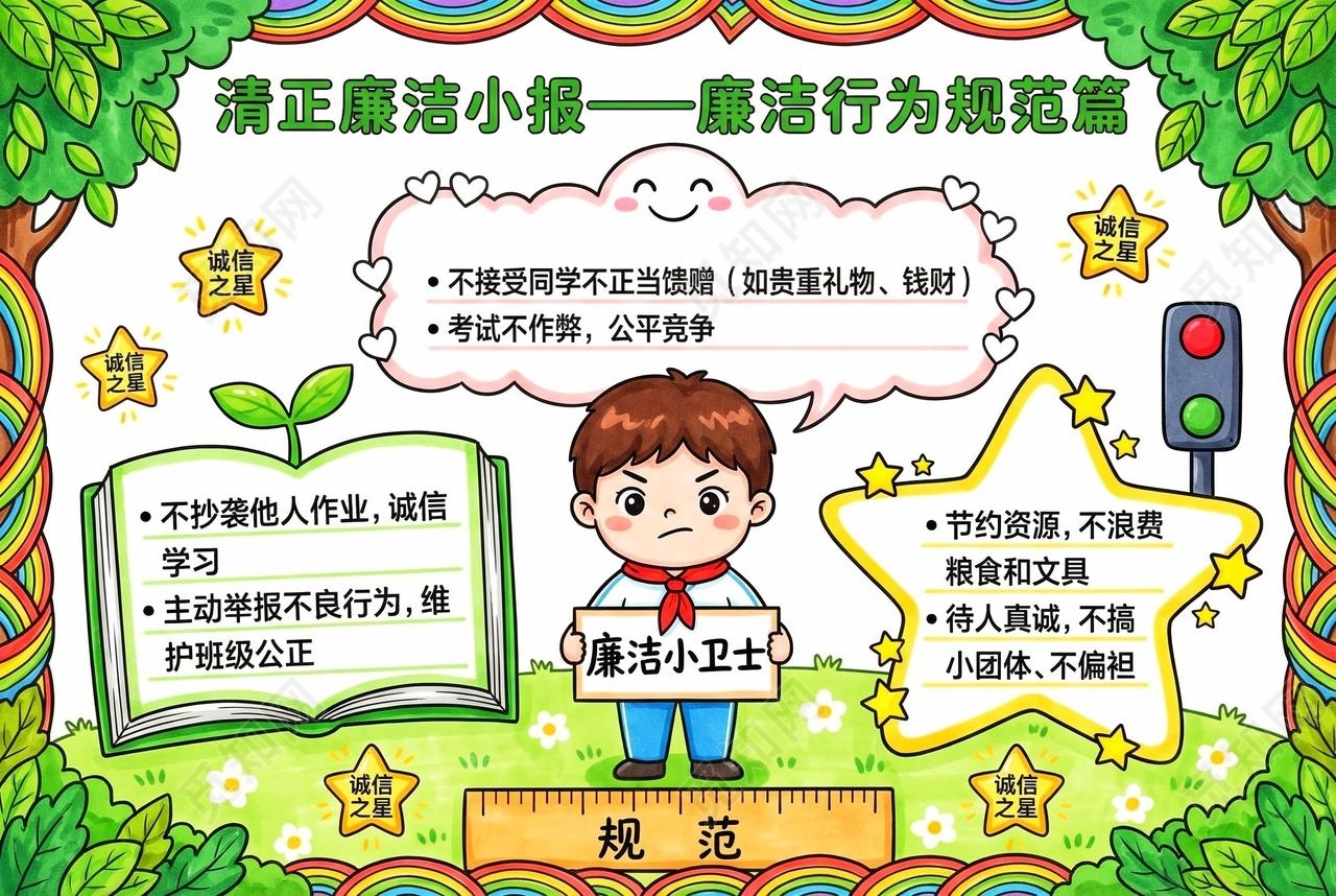 彩色卡通手绘清正廉洁小报廉洁行为规范篇小报手抄报小学生手抄报
