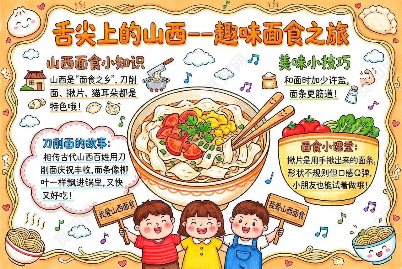彩色卡通手绘舌尖上的山西趣味面食之旅小报手抄报小学生手抄报