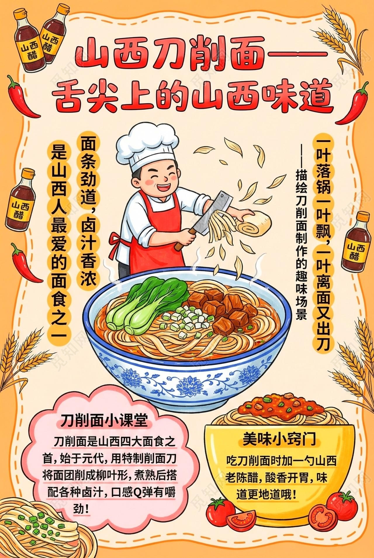 彩色卡通手绘山西刀削面舌尖上的山西味道小报手抄报小学生手抄报