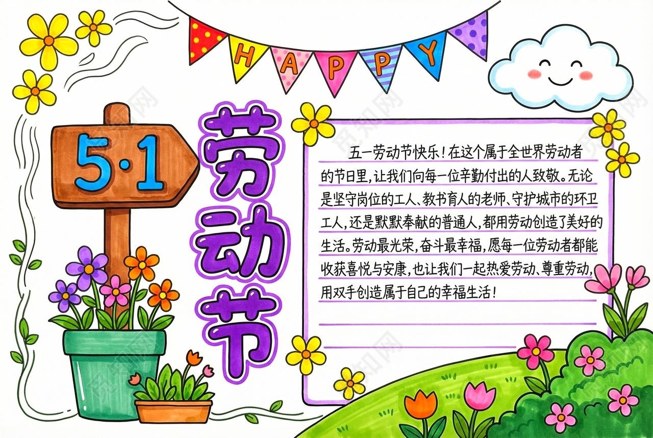 彩色卡通手绘51劳动节小报手抄报小学生手抄报五一劳动节