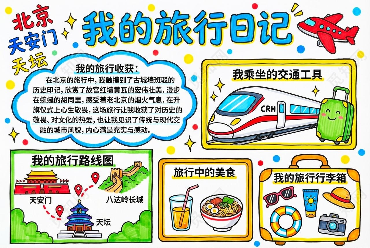 彩色卡通手绘我的旅行日记小报手抄报小学生手抄报