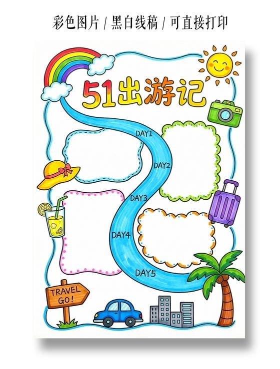 彩色卡通手绘五一出游记小报手抄报小学生手抄报