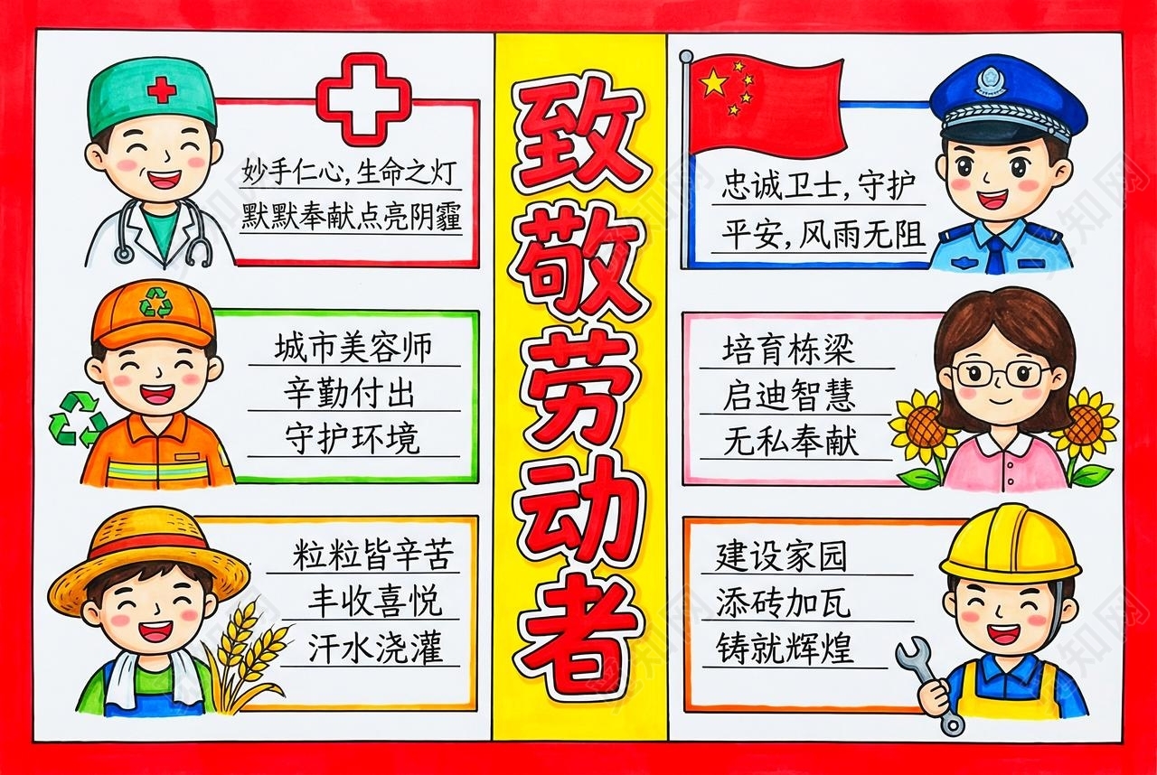 彩色卡通手绘致敬劳动者小报手抄报小学生手抄报