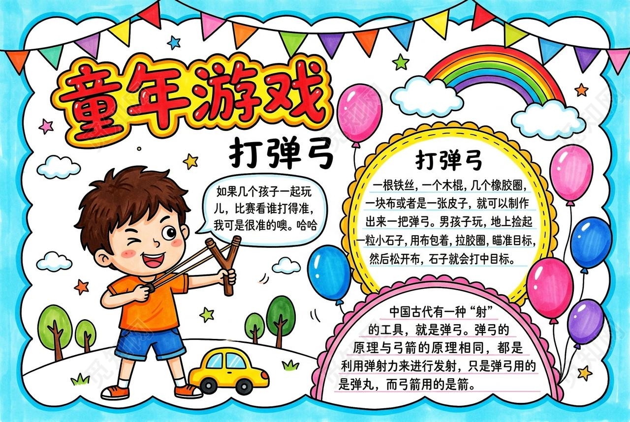 彩色卡通手绘童年游戏小报手抄报小学生手抄报