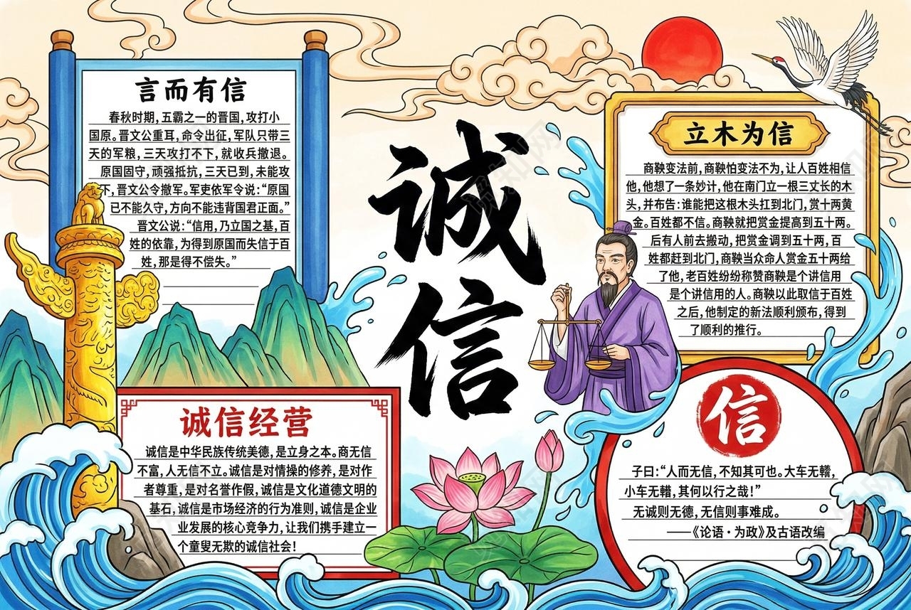 彩色卡通手绘诚信小报手抄报小学生手抄报