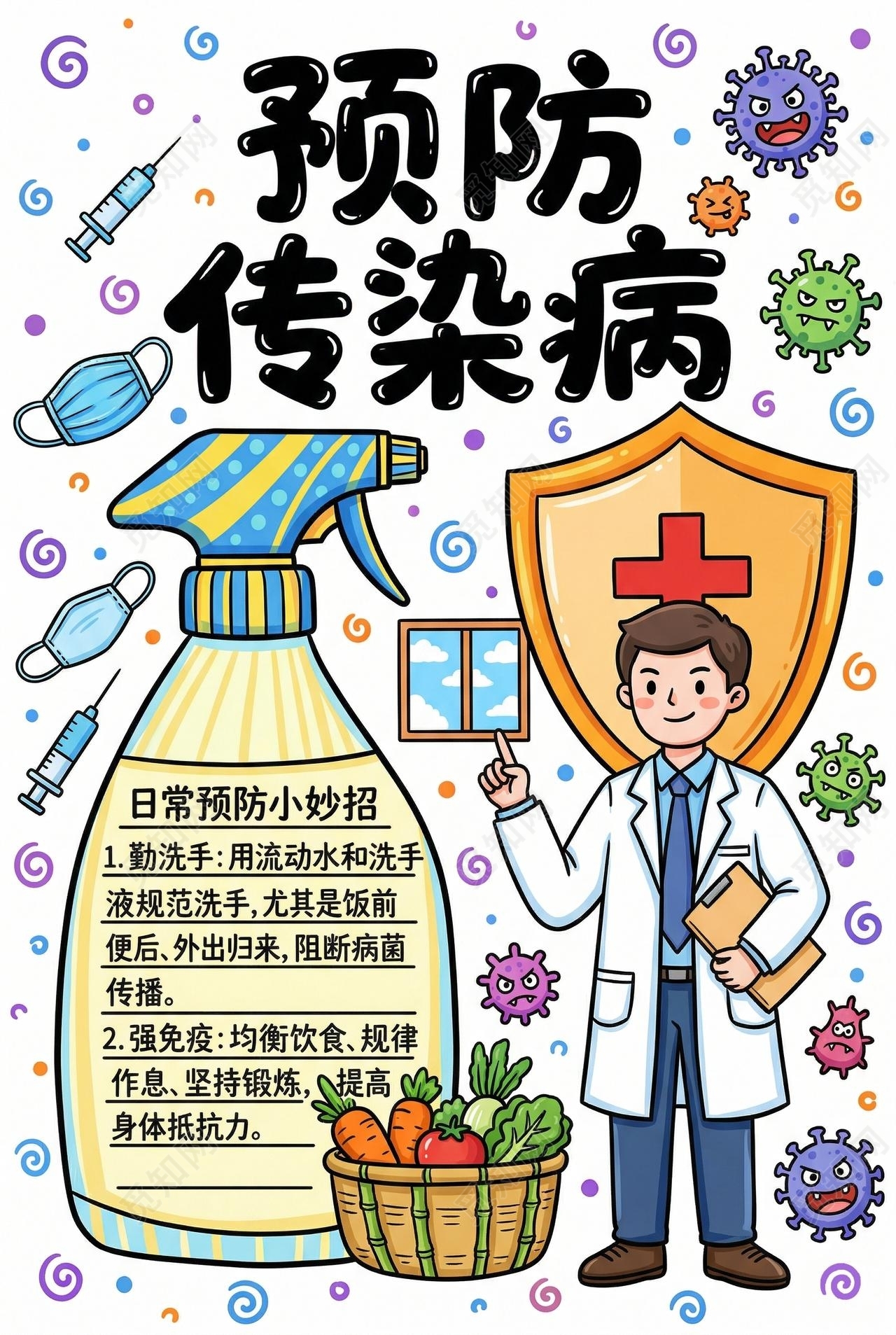 彩色卡通手绘预防传染病小报手抄报小学生手抄报
