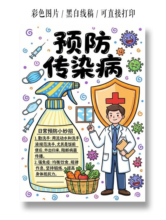 彩色卡通手绘预防传染病小报手抄报小学生手抄报