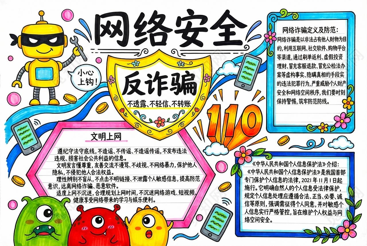 彩色卡通手绘网络安全反诈篇小报手抄报小学生手抄报