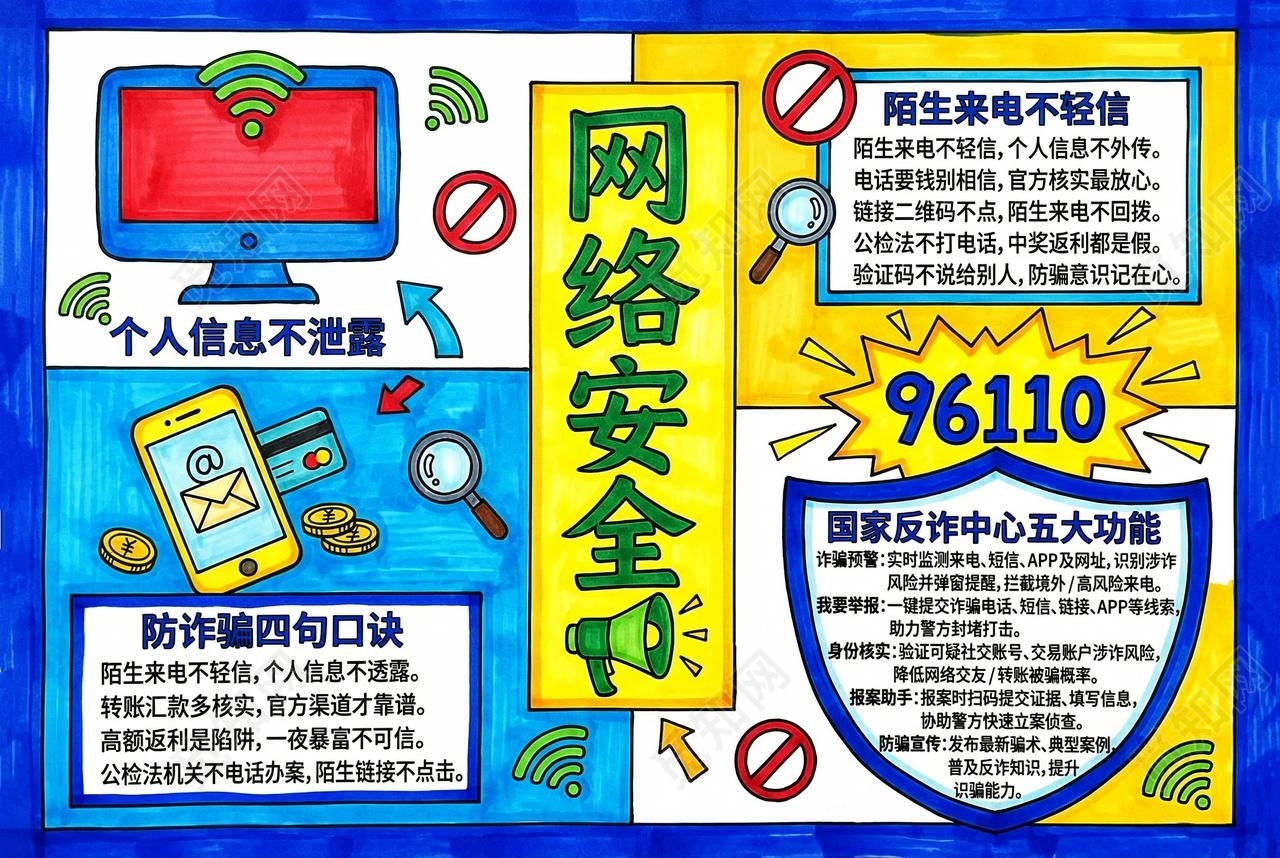 彩色卡通手绘网络安全小报手抄报小学生手抄报