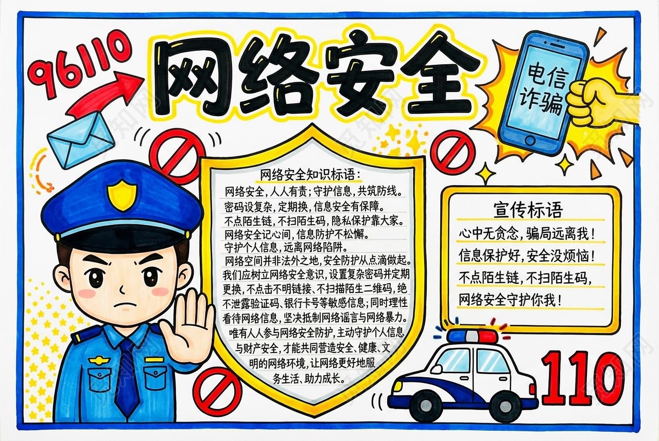 彩色卡通手绘网络安全小报手抄报小学生手抄报