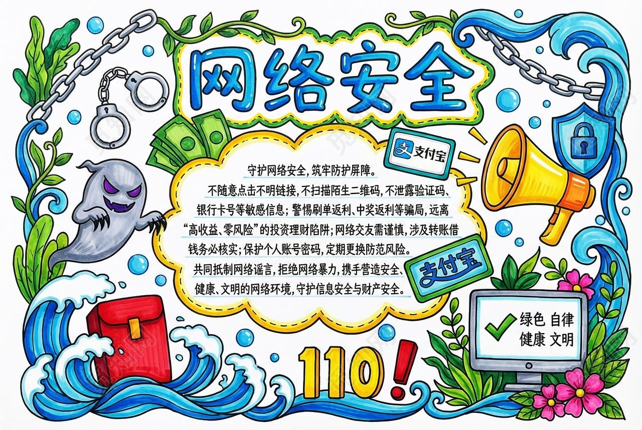 彩色卡通手绘网络安全小报手抄报小学生手抄报