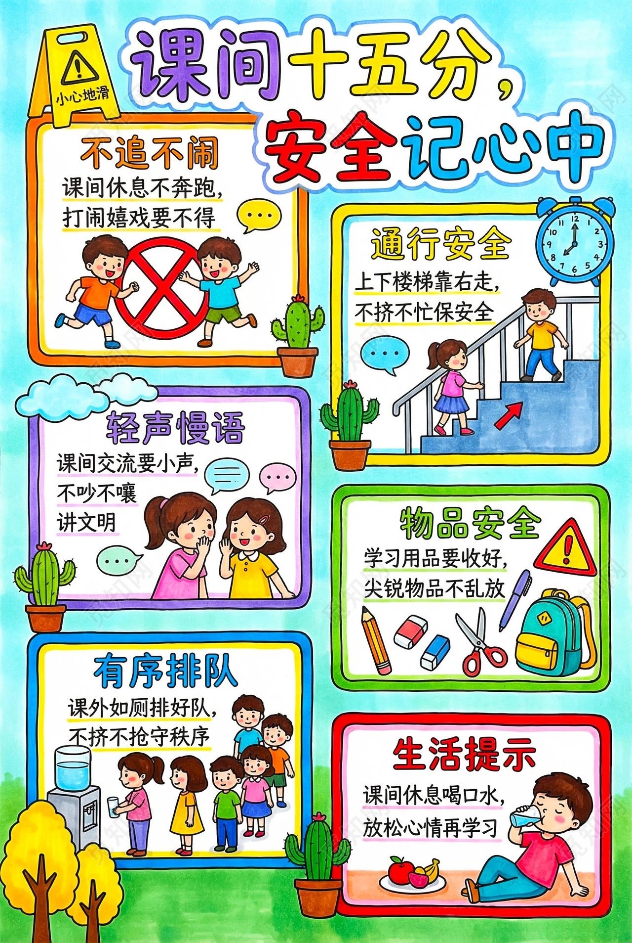 彩色卡通手绘课间十五分安全记心中小报手抄报小学生手抄报