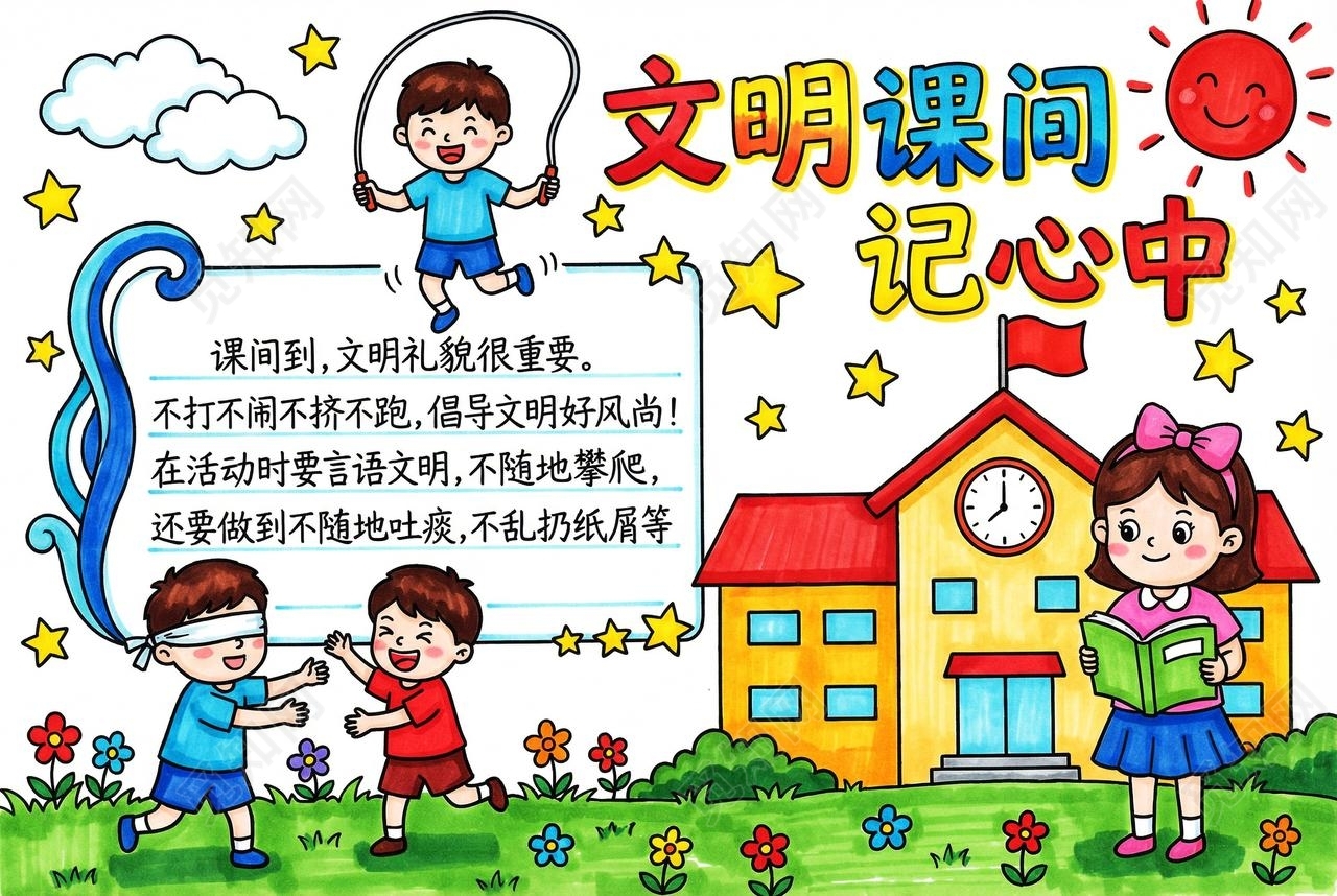 彩色卡通手绘文明课间记心中小报手抄报小学生手抄报