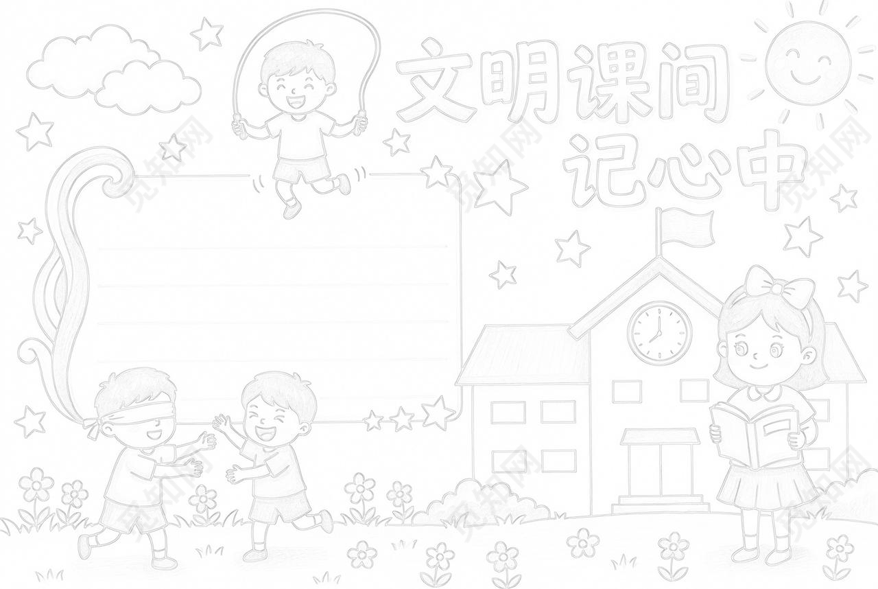 彩色卡通手绘文明课间记心中小报手抄报小学生手抄报