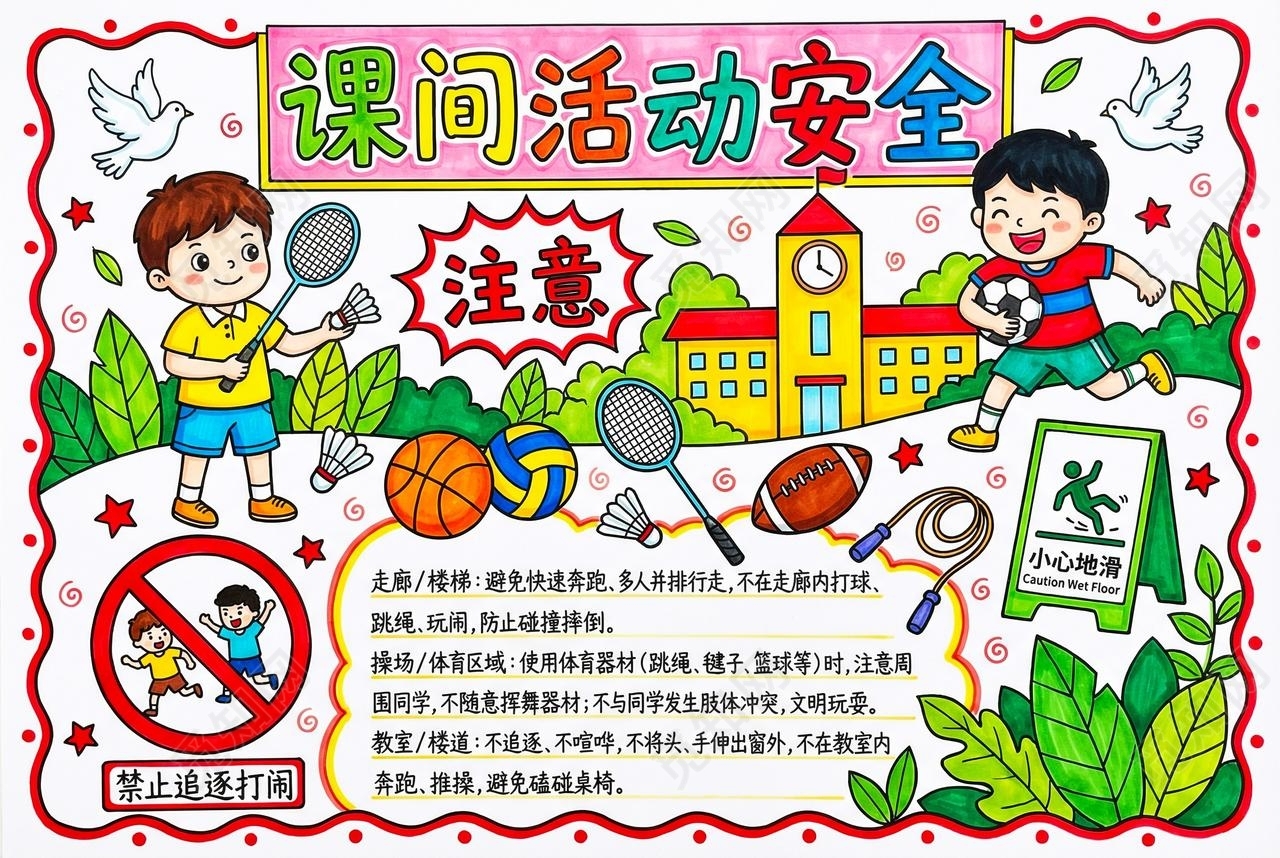 彩色卡通手绘课间活动安全小报手抄报小学生手抄报