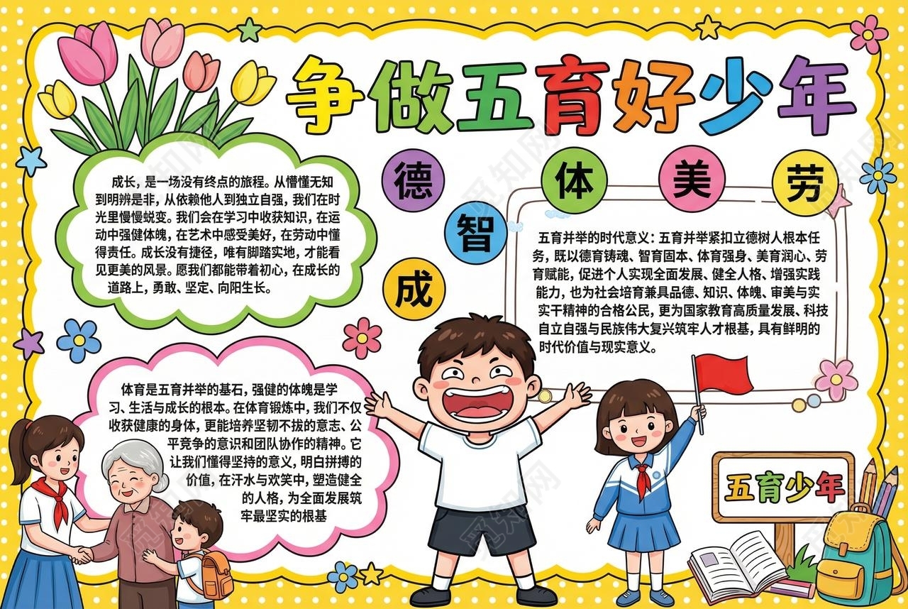 彩色卡通手绘争做育好少年小报手抄报小学生手抄报