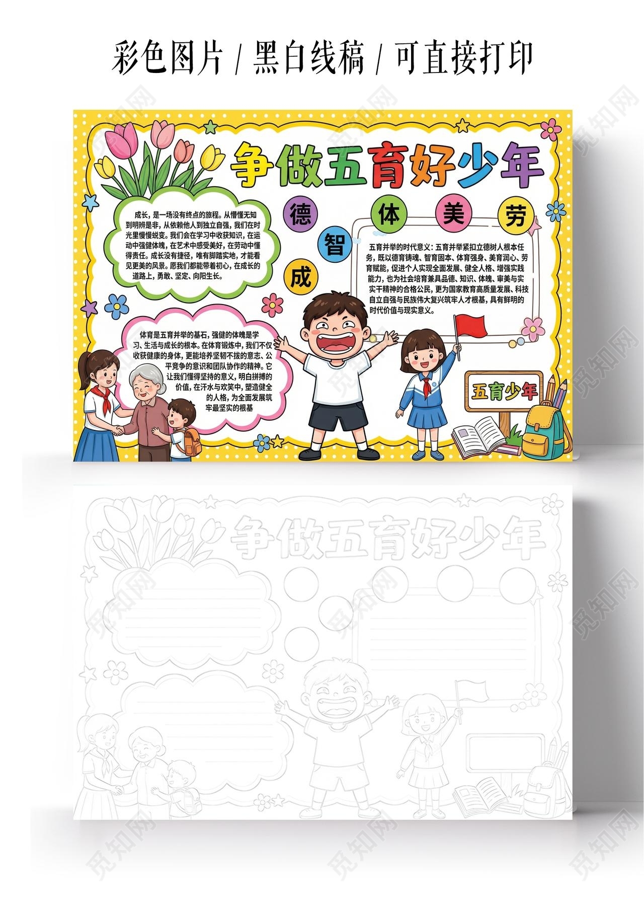 彩色卡通手绘争做育好少年小报手抄报小学生手抄报