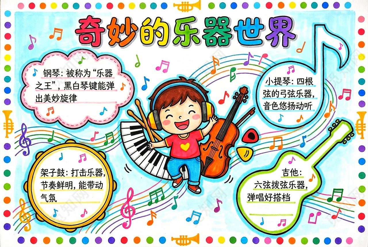 彩色卡通手绘奇妙的乐器世界小报手抄报小学生手抄报
