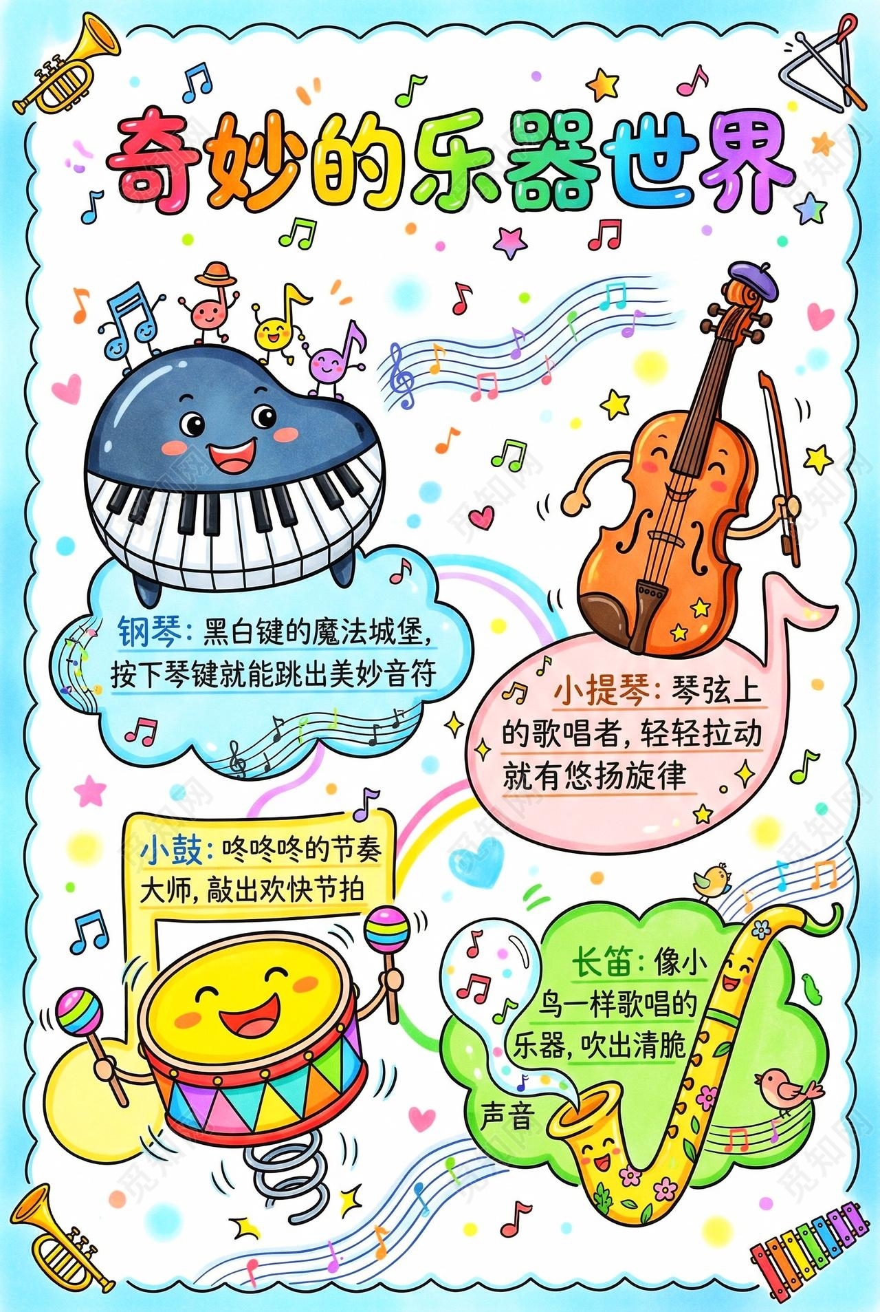 彩色卡通手绘奇妙的乐器世界小报手抄报小学生手抄报