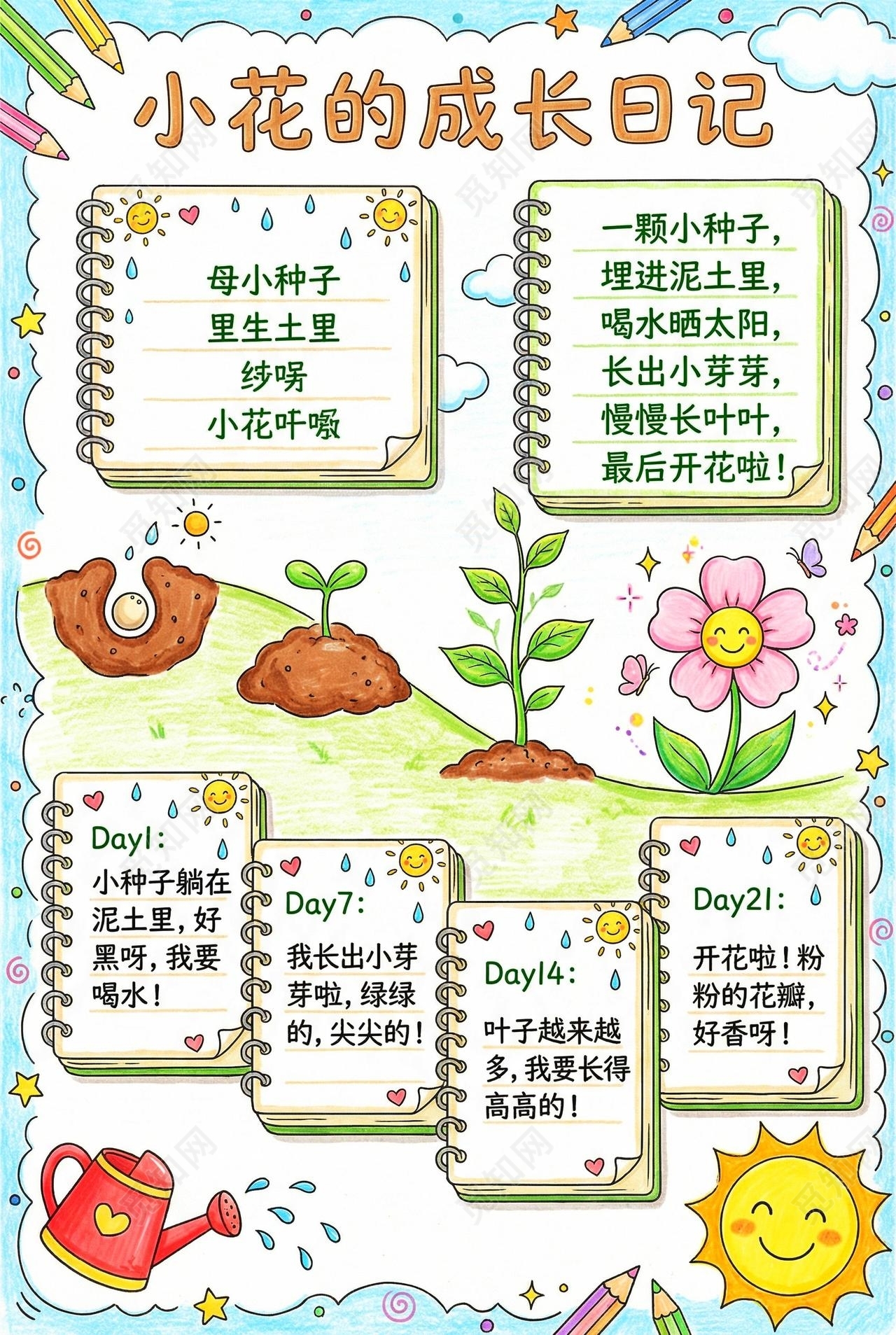 彩色卡通手绘小花成长日记小报手抄报小学生手抄报