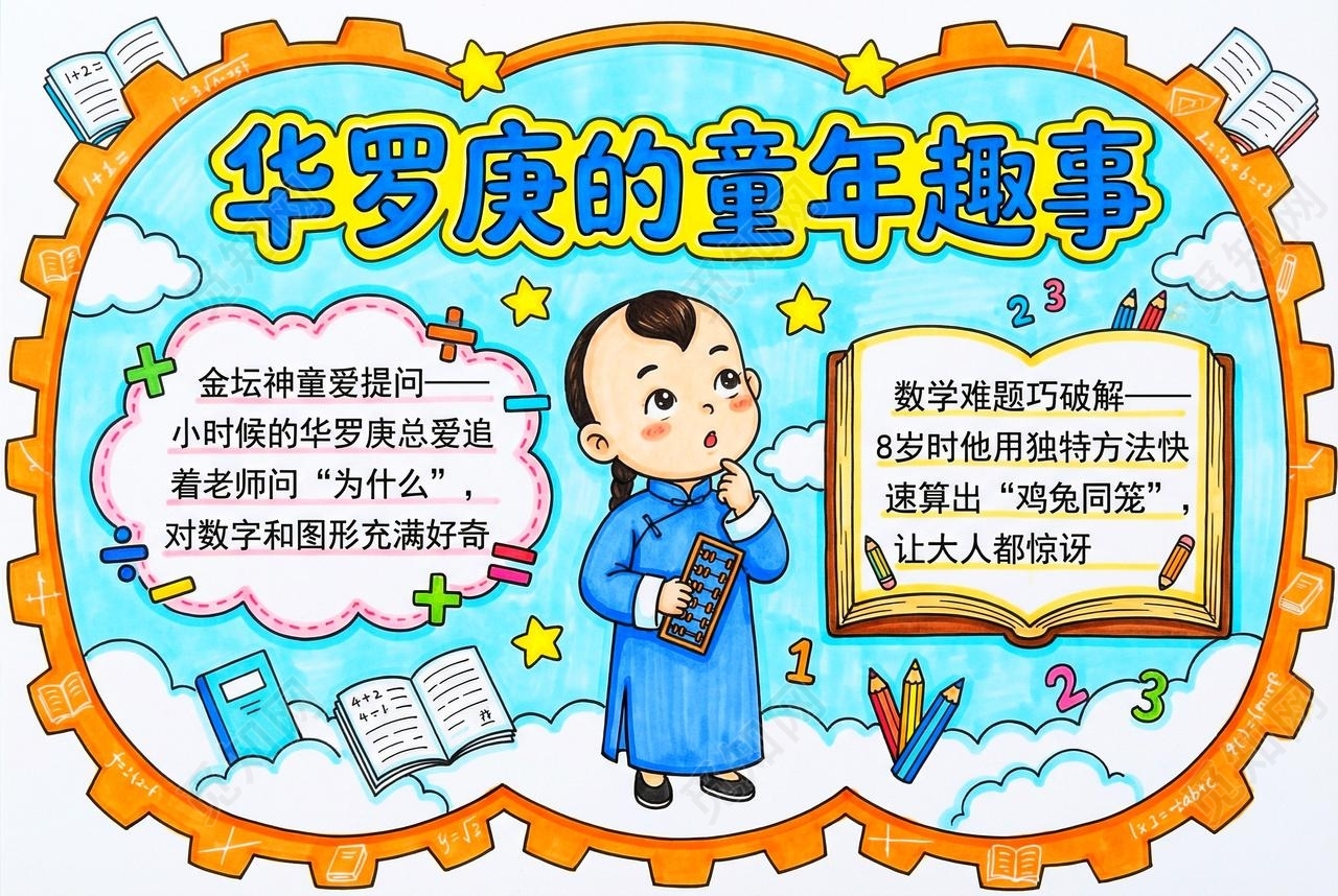 彩色卡通手绘华罗庚的童年趣事小报手抄报小学生手抄报
