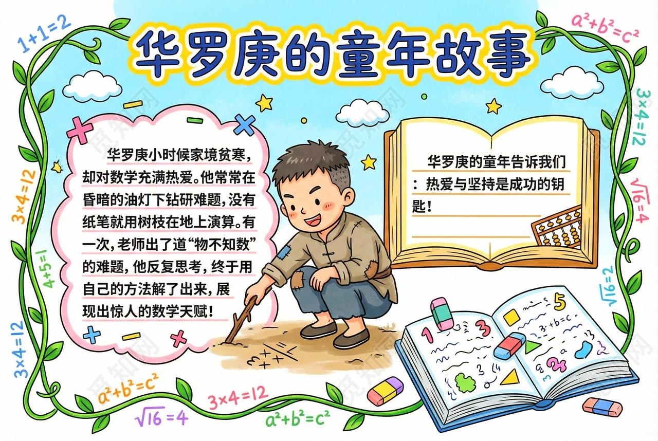 彩色卡通手绘华罗庚的童年故事小报手抄报小学生手抄报