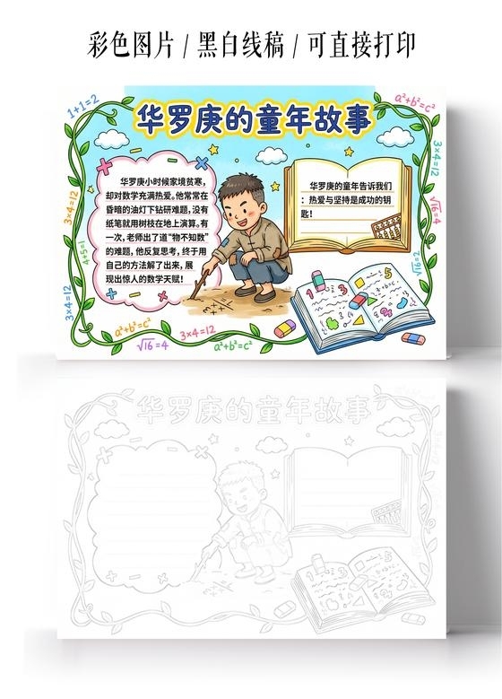 彩色卡通手绘华罗庚的童年故事小报手抄报小学生手抄报