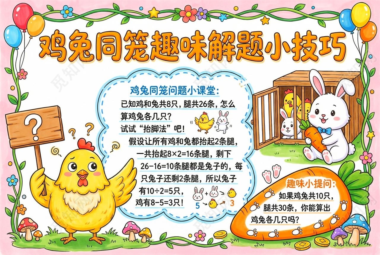 彩色卡通手绘鸡免同笼趣味解题小技巧小报手抄报小学生手抄报