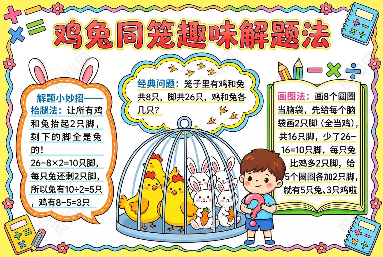 彩色卡通手绘鸡免同笼趣味解题法小报手抄报小学生手抄报