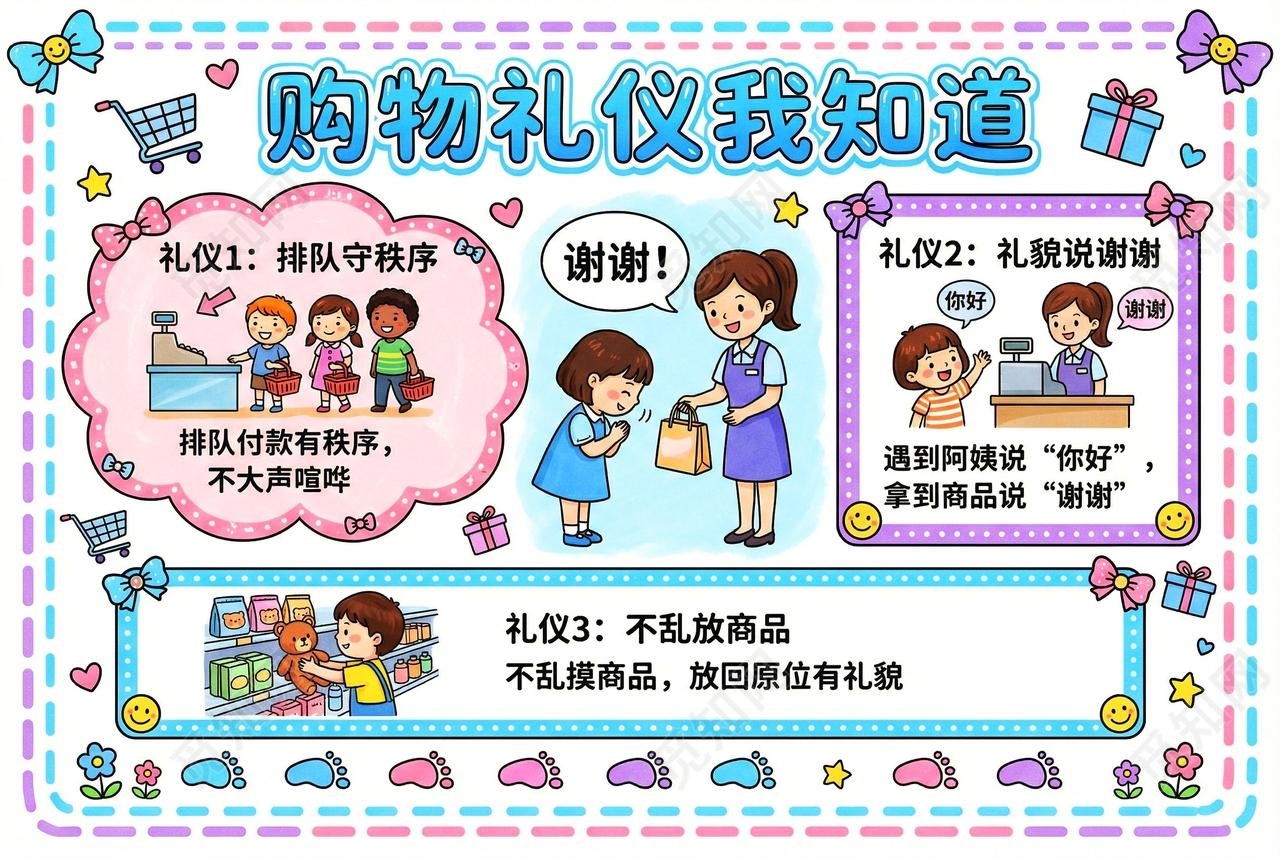 彩色卡通手绘购物礼仪我知道小报手抄报小学生手抄报
