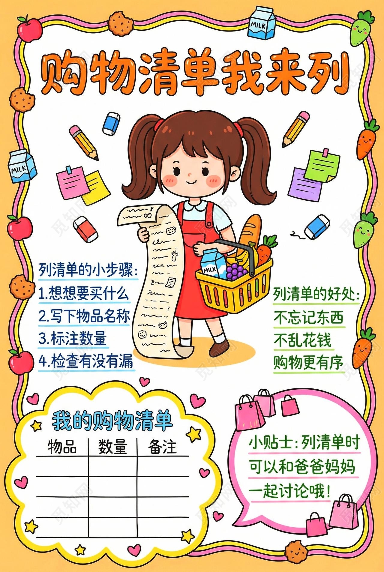 彩色卡通手绘购物清单我来列小报手抄报小学生手抄报