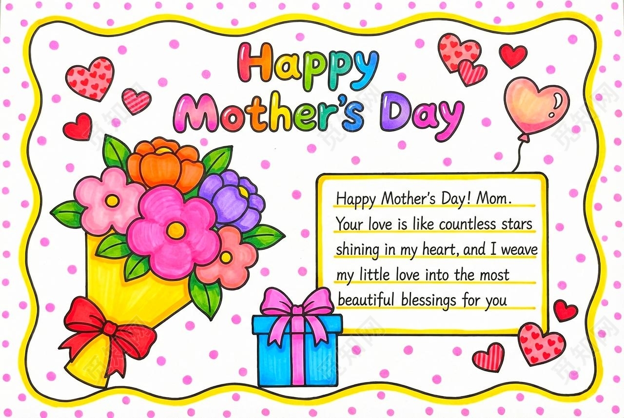 彩色卡通手绘母亲节英文小报手抄报小学生手抄报