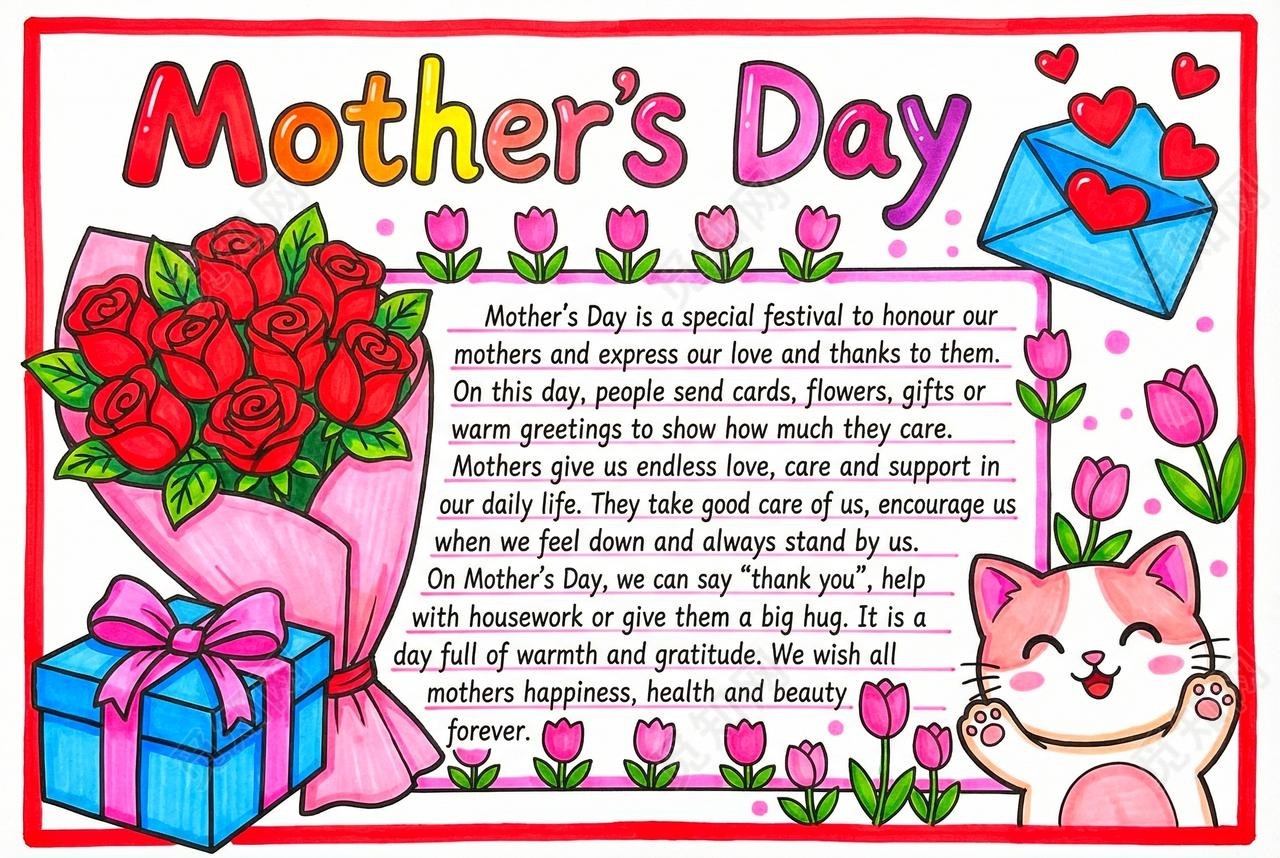 彩色卡通手绘母亲节英文小报手抄报小学生手抄报