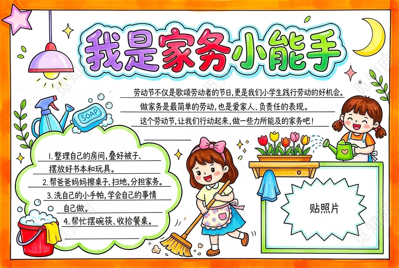 彩色卡通手绘我是家务小能手小报手抄报小学生手抄报