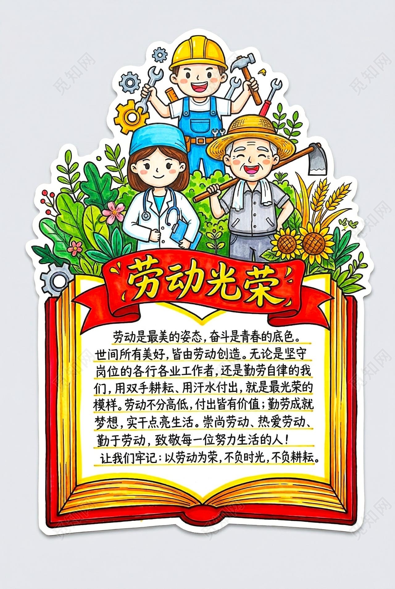 彩色卡通手绘劳动光荣小报手抄报小学生手抄报