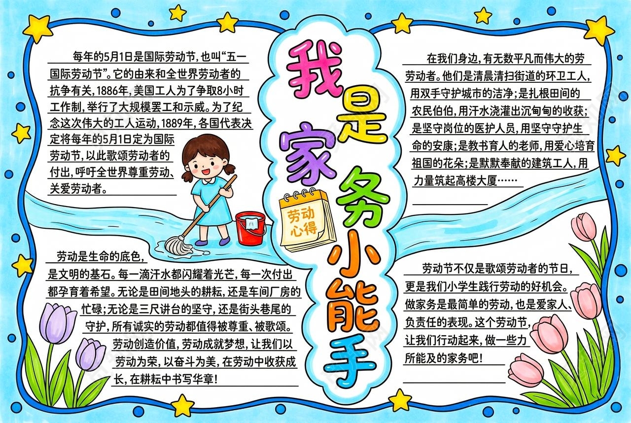 彩色卡通手绘我是家务小能手小报手抄报小学生手抄报