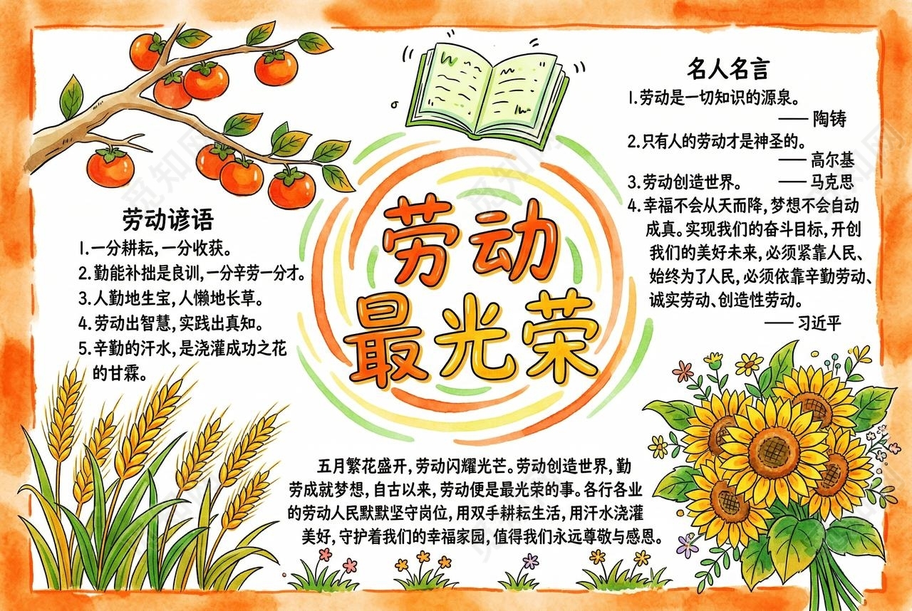 彩色卡通手绘劳动最光荣小报手抄报小学生手抄报五一劳动节