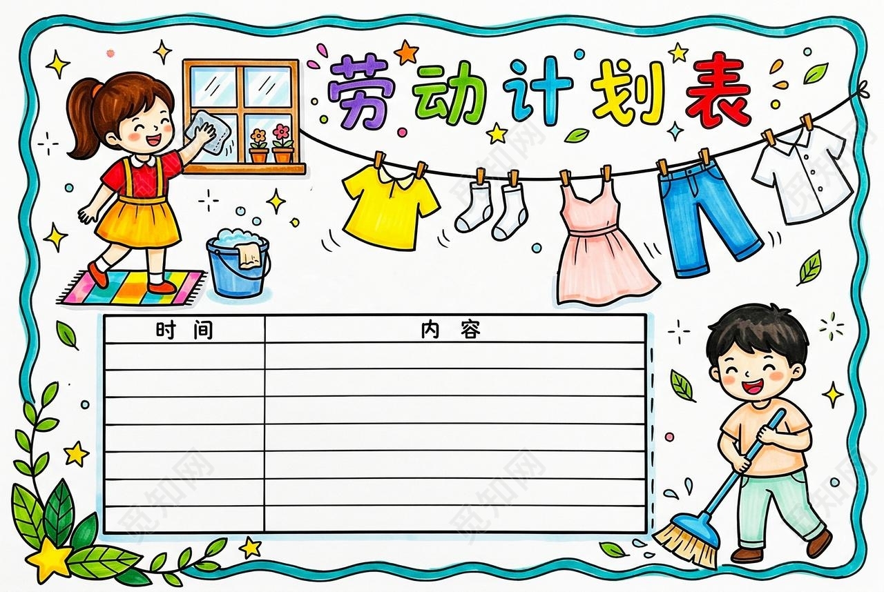 彩色卡通手绘劳动计划表小报手抄报小学生手抄报五一劳动节