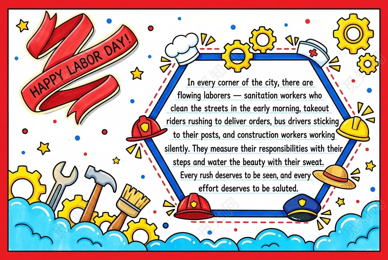 彩色卡通手绘劳动节英语小报手抄报小学生手抄报