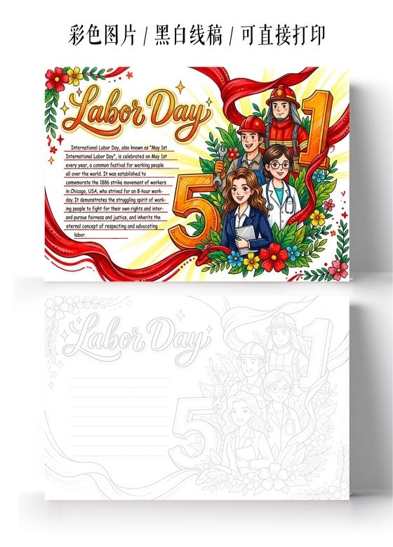 彩色卡通手绘劳动节英语小报手抄报小学生手抄报