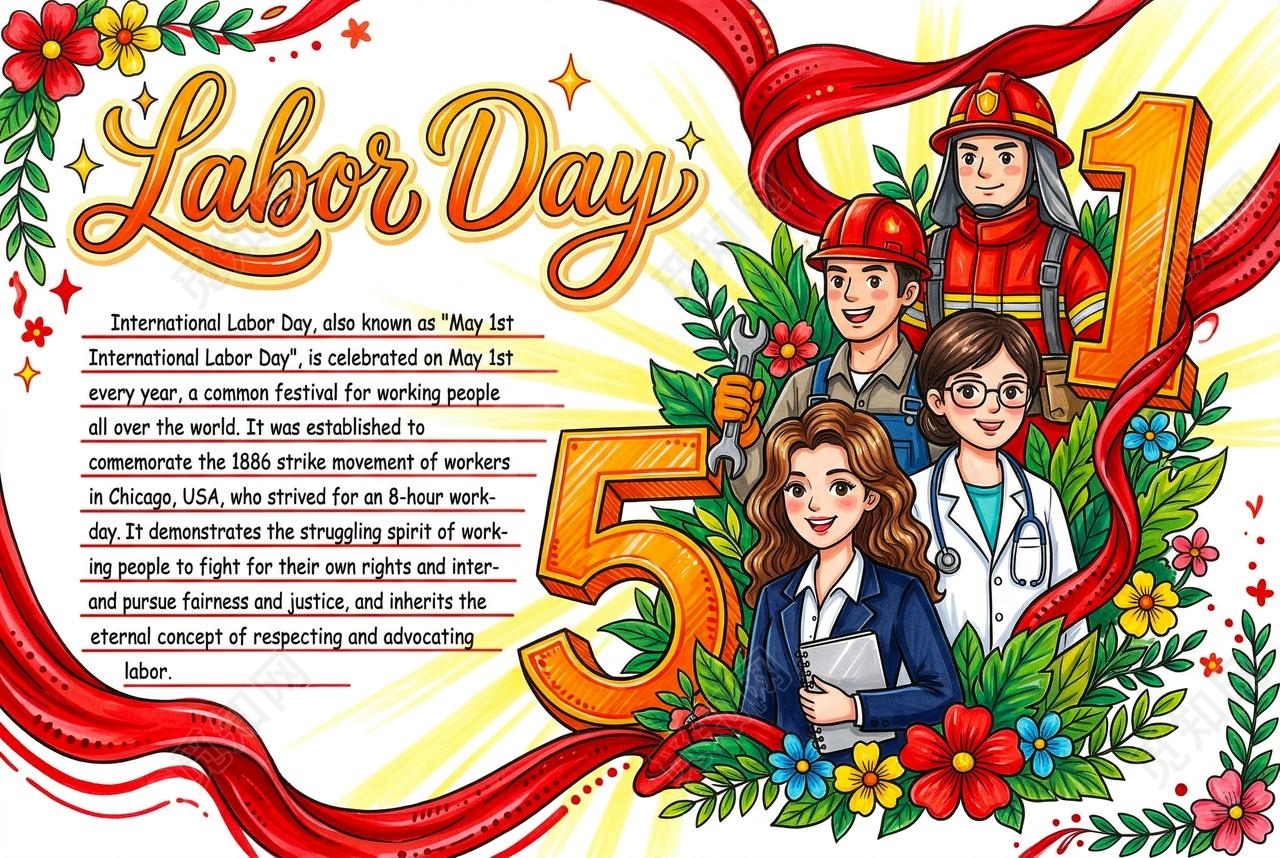 彩色卡通手绘劳动节英语小报手抄报小学生手抄报